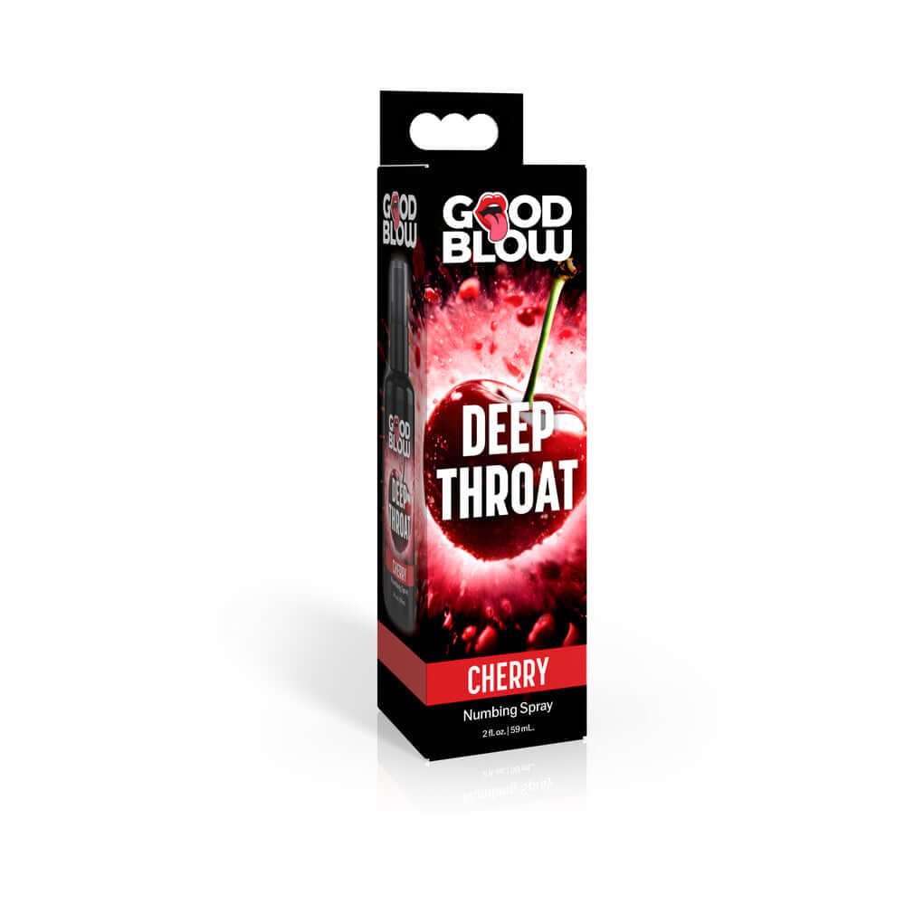 Good Blow Deep Throat Cherry Spray 1 oz packaging, numbing spray for enhanced intimate experiences.