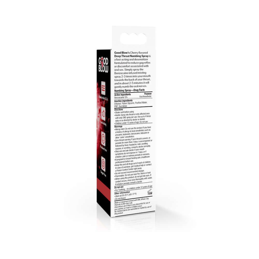 Good Blow Deep Throat Cherry Spray 1 oz packaging with instructions and ingredients for enhanced intimate experiences.