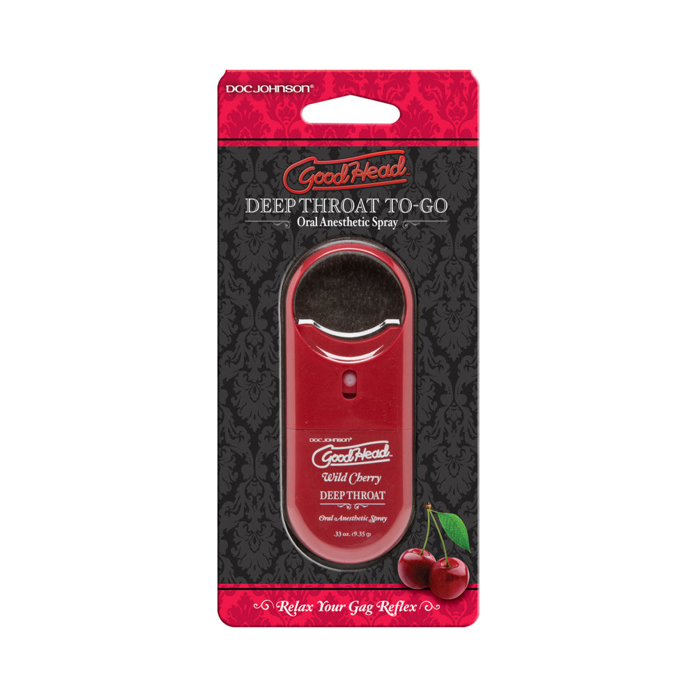 GoodHead Deep Throat To-Go 0.33oz Wild Cherry spray in pocket-sized package for a pleasurable experience.