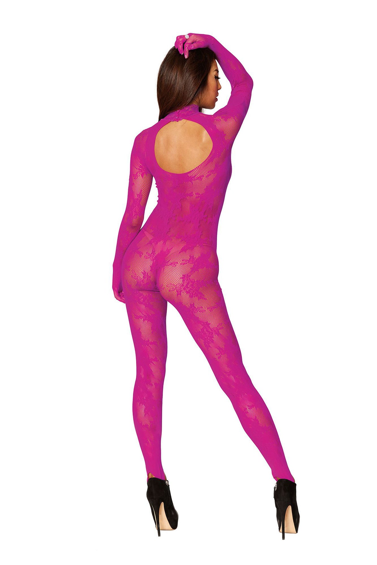 Dreamgirl Bodystocking With Finger Gloves One Size Azalea on model showcasing floral knitted fishnet design.