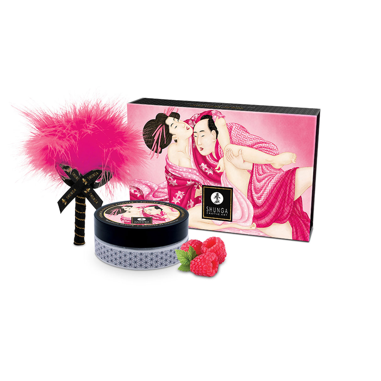 Shunga Kissable Body Powder Raspberry Filling 2.65 Oz with a feather applicator and raspberries in a stylish box.
