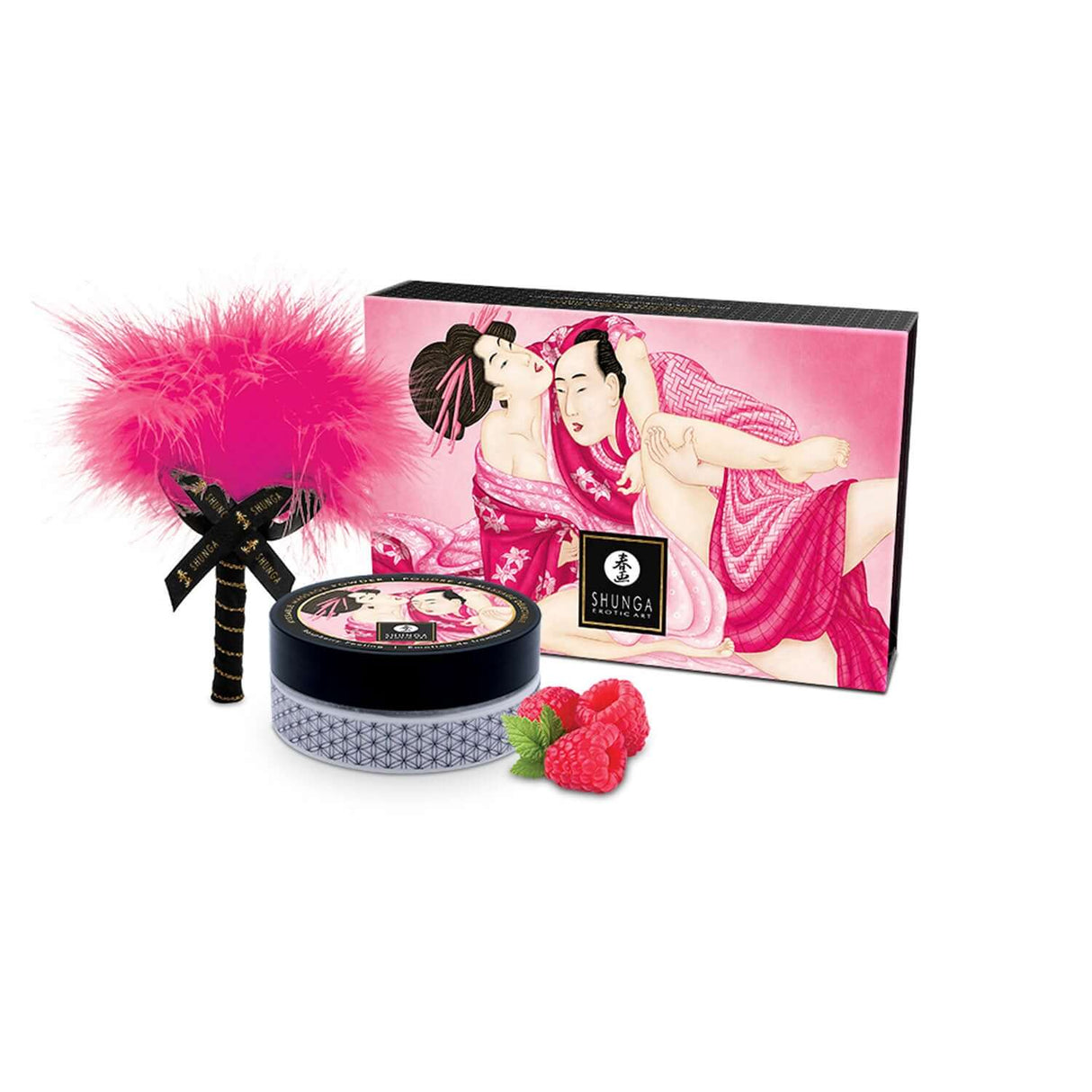 Shunga Kissable Body Powder Raspberry Filling 2.65 Oz with a feather applicator and raspberries in a stylish box.
