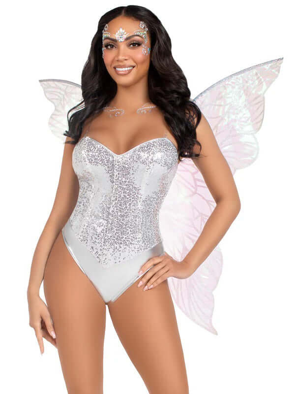 Leg Avenue Strapless Fairy Wings OS Clear displayed on a model, adding a whimsical touch to a fairy costume.
