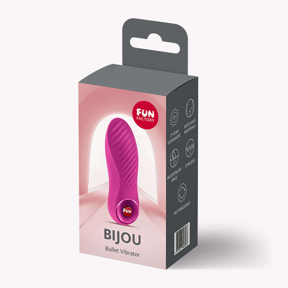 Fun Factory Bijou Bullet Vibrator Magenta in sleek packaging featuring wavy texture design.