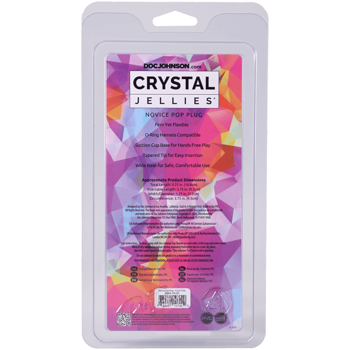 Crystal Jellies Novice Pop Plug 4 Inch Teal packaging with details about features and usage.