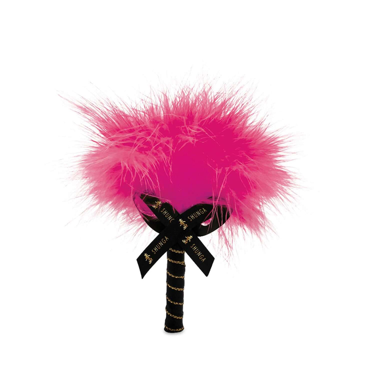 Shunga Kissable Body Powder Raspberry Filling 2.65 Oz pink feather applicator with black ribbon for teasing and caressing skin
