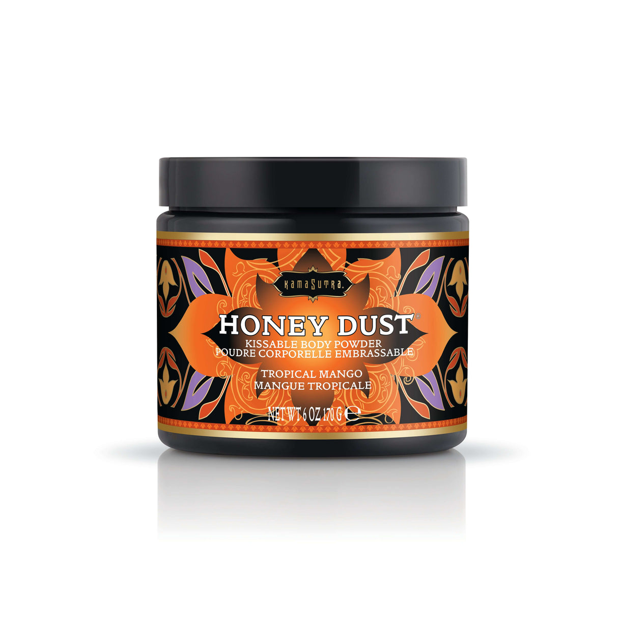 Kama Sutra Honey Dust Tropical Mango 6 Oz body powder jar with vibrant packaging and kissable body powder description.