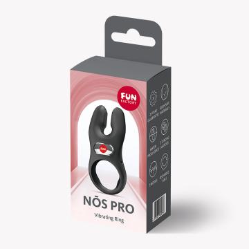 Fun Factory NOS Vibrating Cock Ring Black packaging with ergonomic design and dual motors for enhanced stimulation.