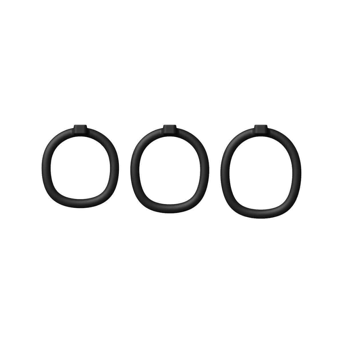 Three black rings included in the UPKO Caged Beast Male Chastity Device Kit for comfort and secure fit.