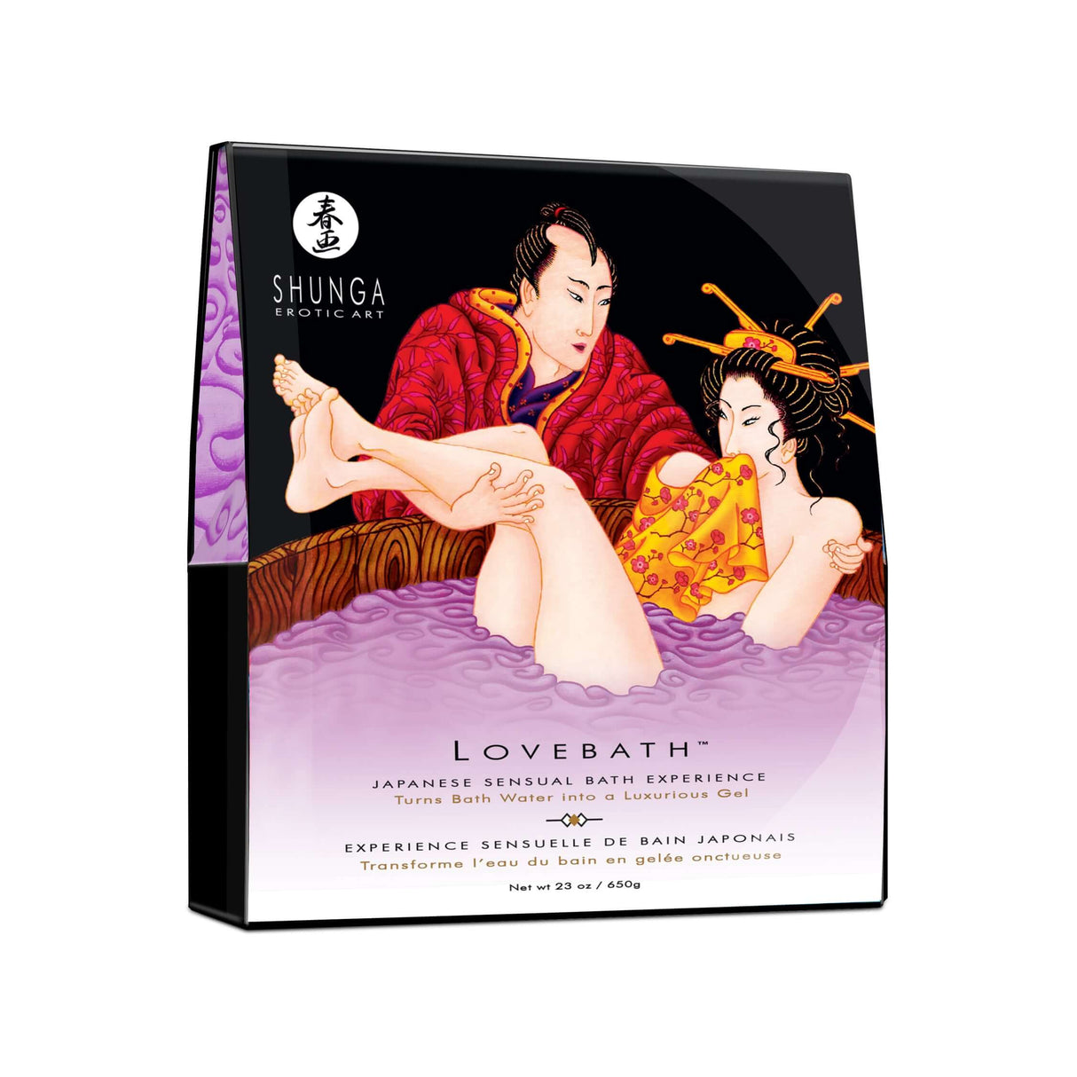 Shunga Lovebath Sensual Lotus 23 Oz packaging featuring a romantic bath scene and luxurious design.