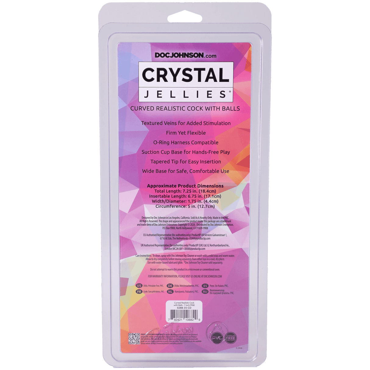 Crystal Jellies Curved Realistic Cock With Balls 7 Inch Pink packaging with dimensions and product features.
