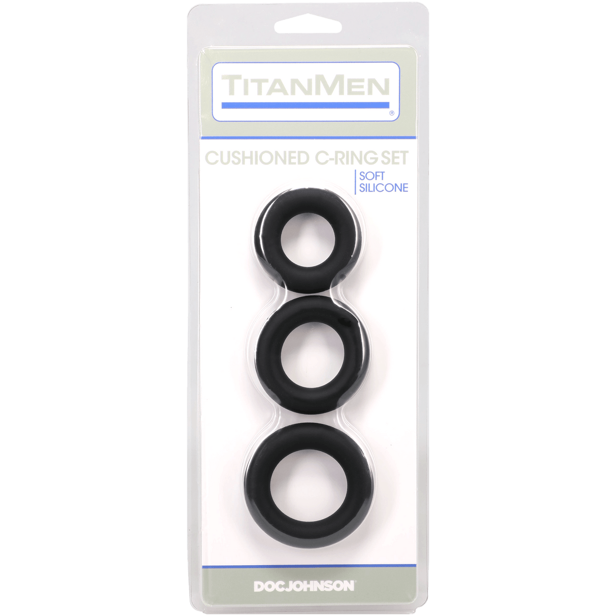 Titanmen Cushioned C-Ring 3 Piece Silicone Set Black on packaging featuring three graduated silicone rings.