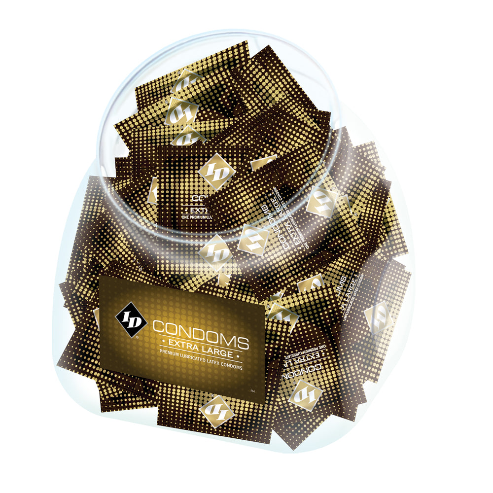 ID Extra Large Lubricated Latex Condoms Jar 144 Pieces in a clear jar, showcasing premium quality condoms for dependability.