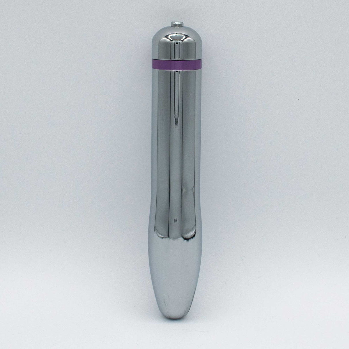 Like A Kitten Fly Me to the Moon Metal Vibrator in sleek, shiny aluminum alloy finish with purple detailing.