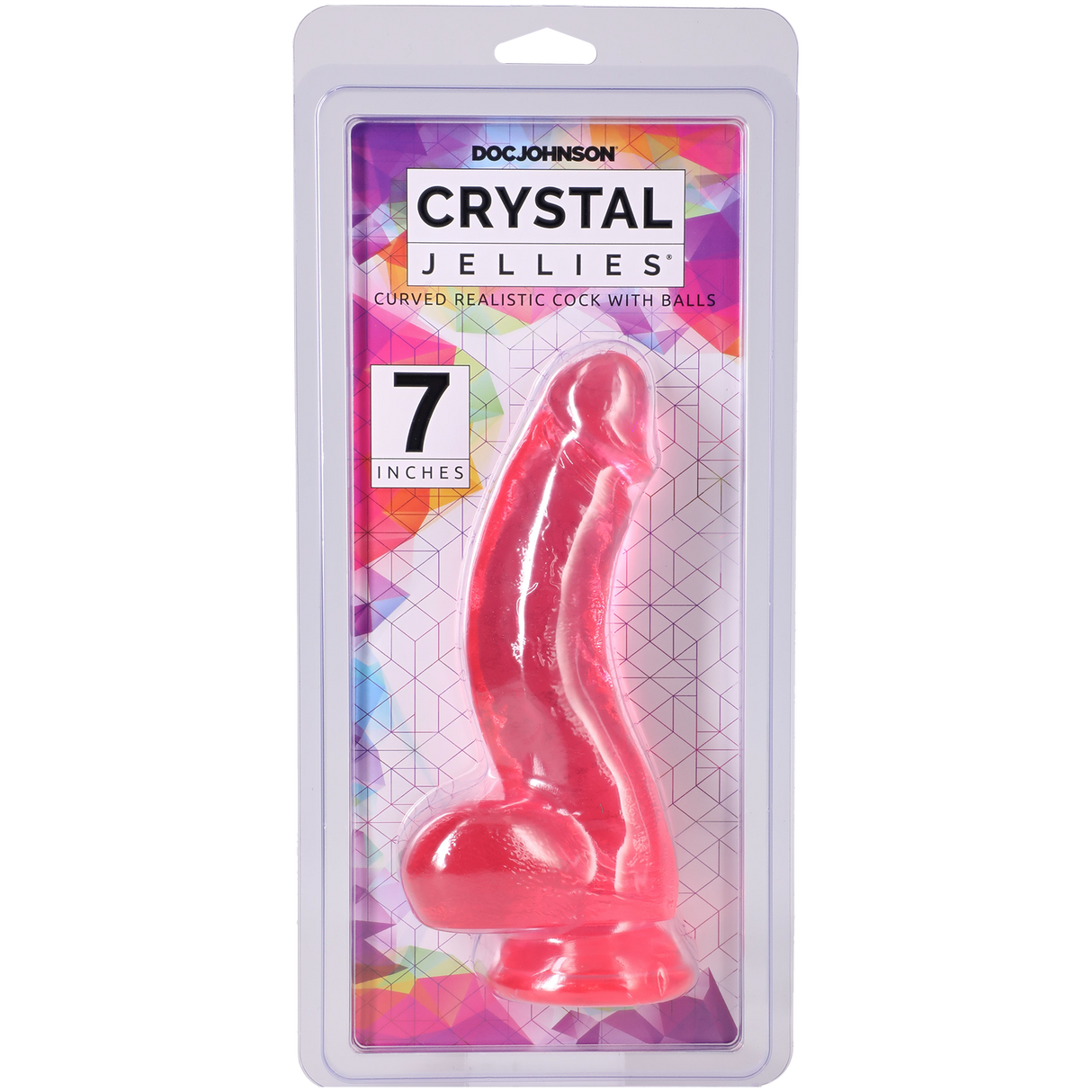 Crystal Jellies Curved Realistic Cock With Balls 7 Inch Pink in packaging by Doc Johnson