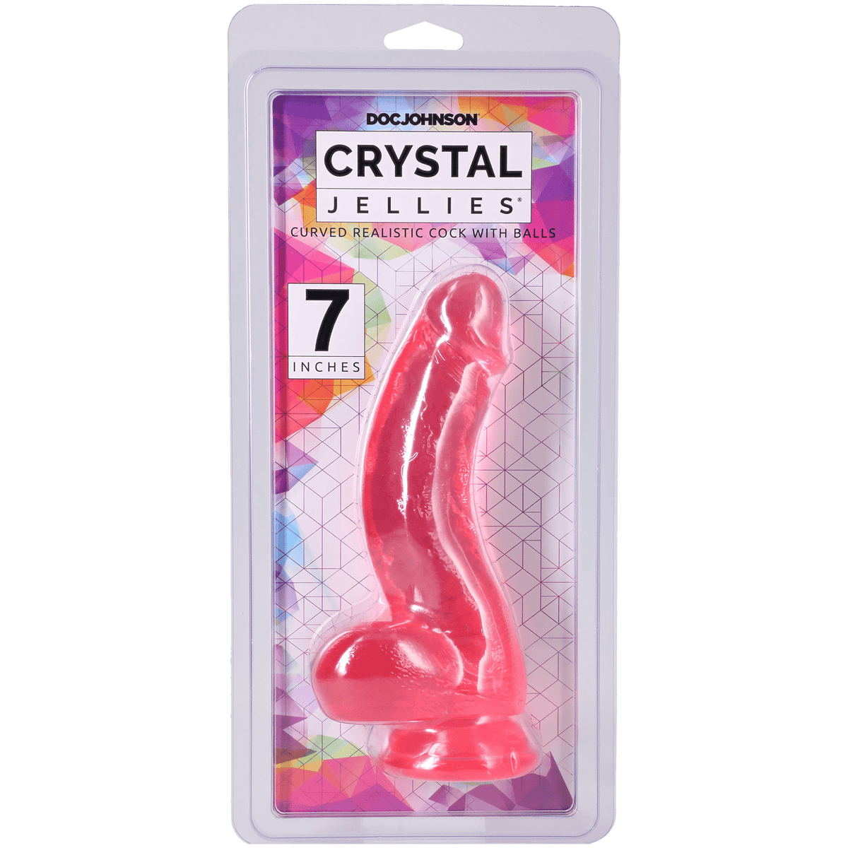 Crystal Jellies Curved Realistic Cock With Balls 7 Inch Pink in packaging by Doc Johnson