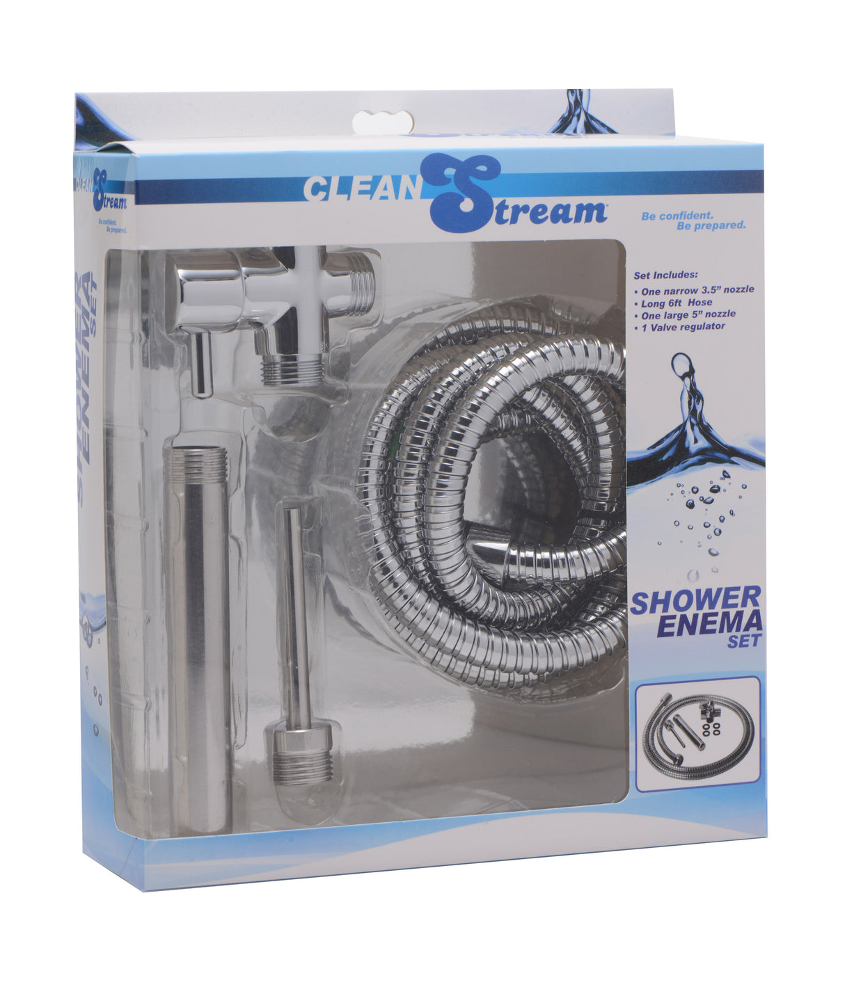 CleanStream Metal Deluxe Shower Enema System package showing hoses and nozzles for easy home use.