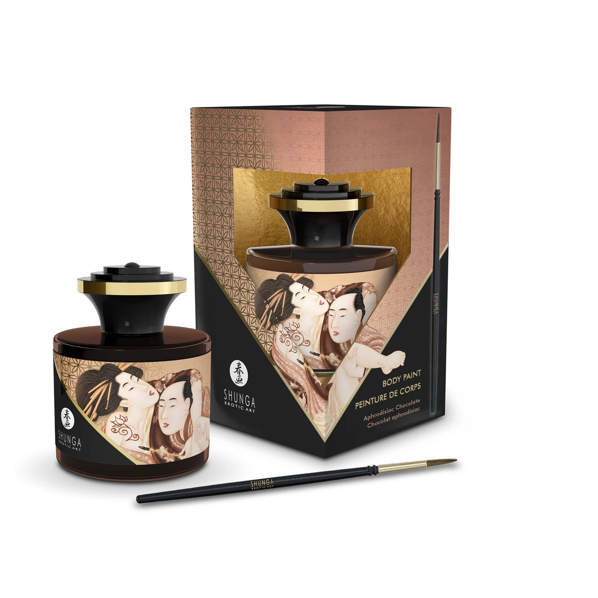 Shunga Edible Body Paint Aphrodisiac Chocolate in a decorative bottle with brush for sensual experiences.