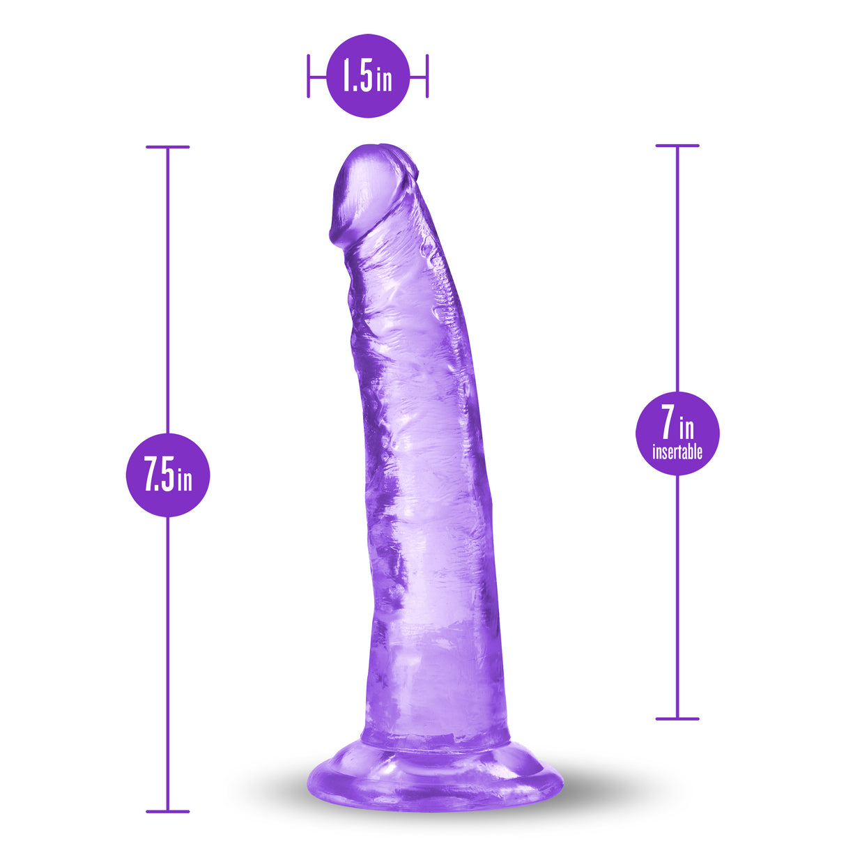 B Yours Plus Lust N Thrust 7 inch Dildo Purple dimensions with measurement labels, showing 7 inch insertable length.