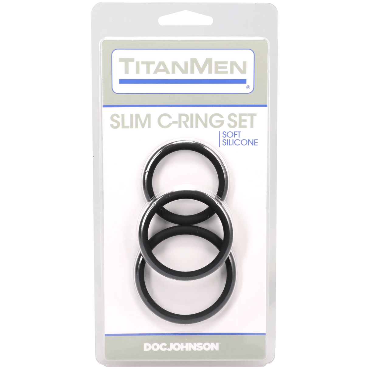 Titanmen Slim C-Ring 3 Piece Silicone Set Black featuring three soft silicone rings for customizable fit and enhanced performance.