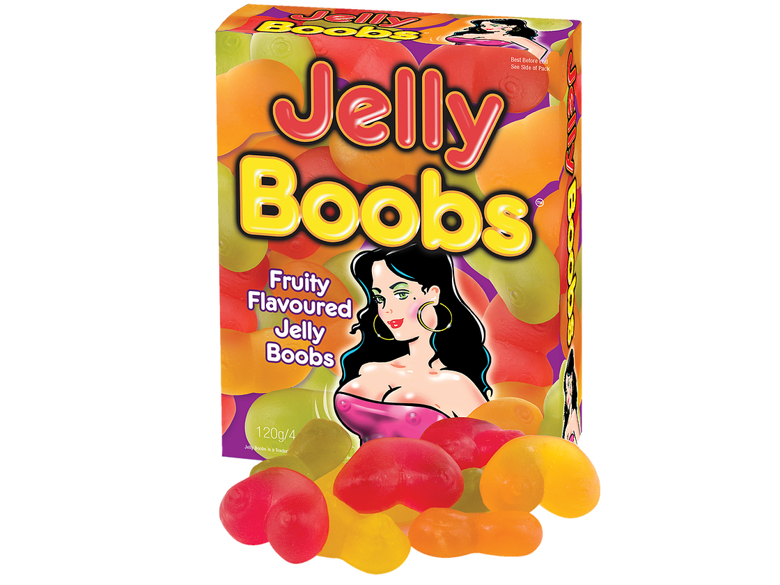 Gummy Boobs Fruity Flavored Adult Candy 30 Pieces Per Box with colorful gummy shapes and playful packaging.