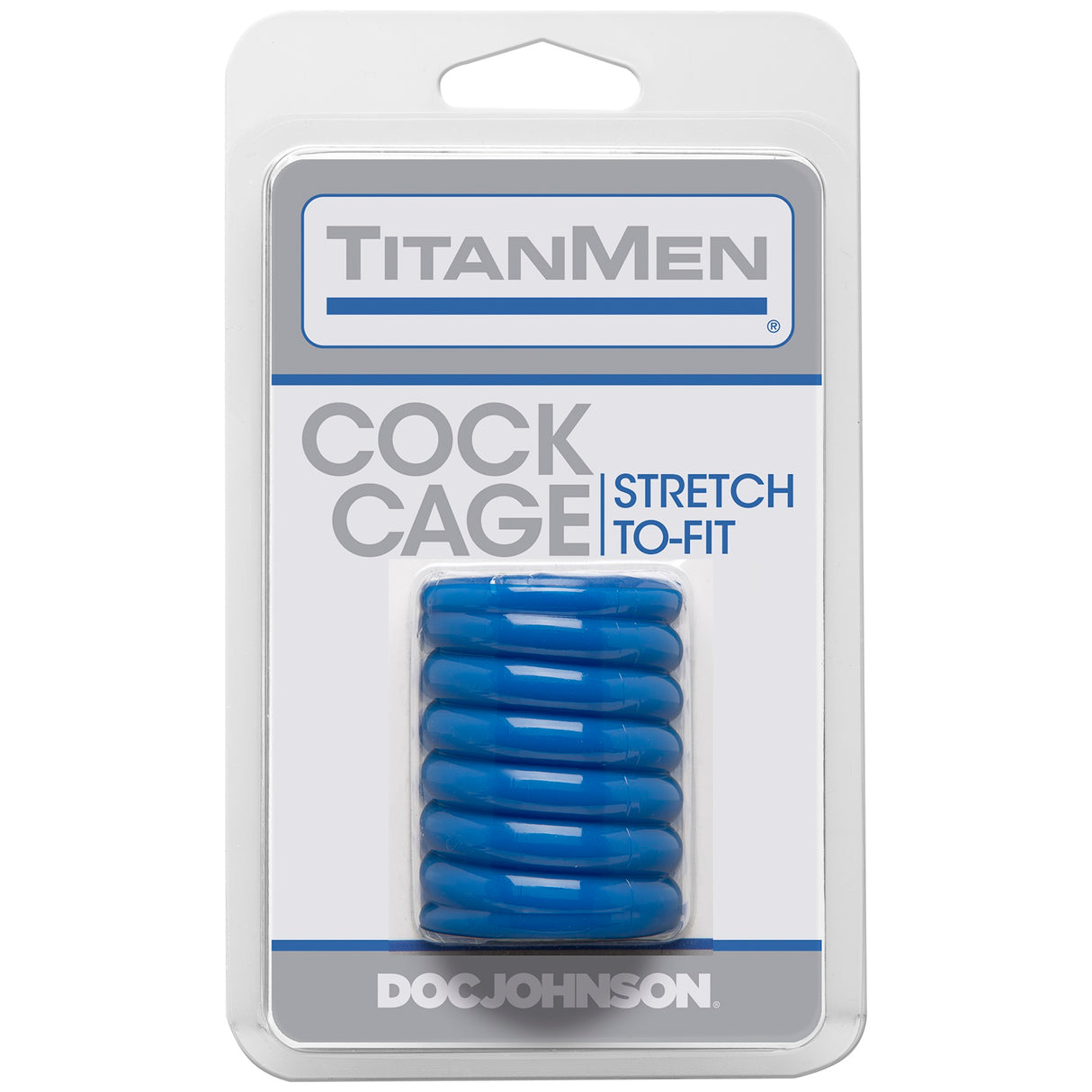 TitanMen Ribbed Stretch To Fit Cock Cage Blue in packaging for optimal performance enhancement.