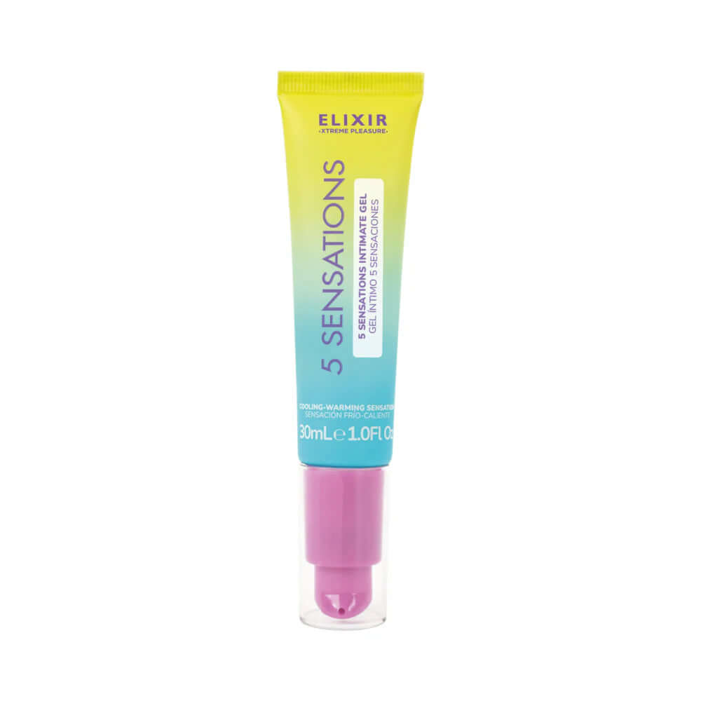 Elixir 5 Sensations Lubricant 15 ml 0.5 Oz 12 pc Display tube packaging with colorful gradient design.