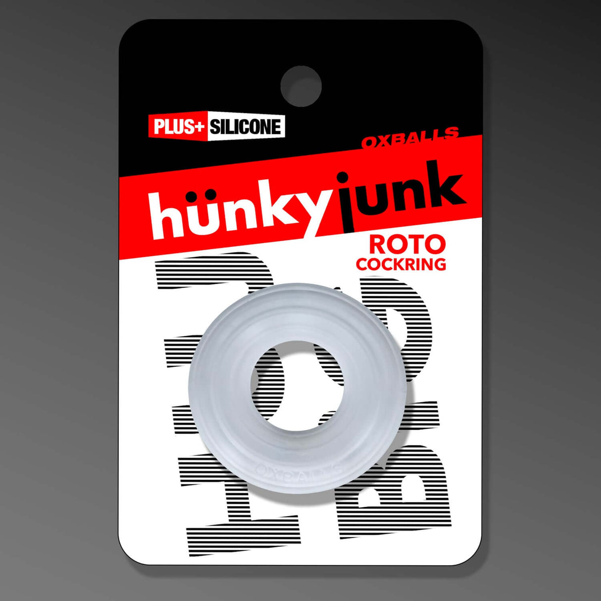 Oxballs Roto Grooved Gripper-Ribbed Cockring Clear Steam packaging featuring hunky junk branding.