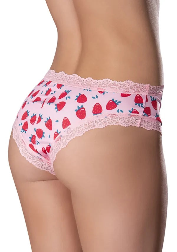 Magic Silk Sweet Treats Crotchless Boy Short 2XL Strawberry featuring a playful strawberry print and lace trim.