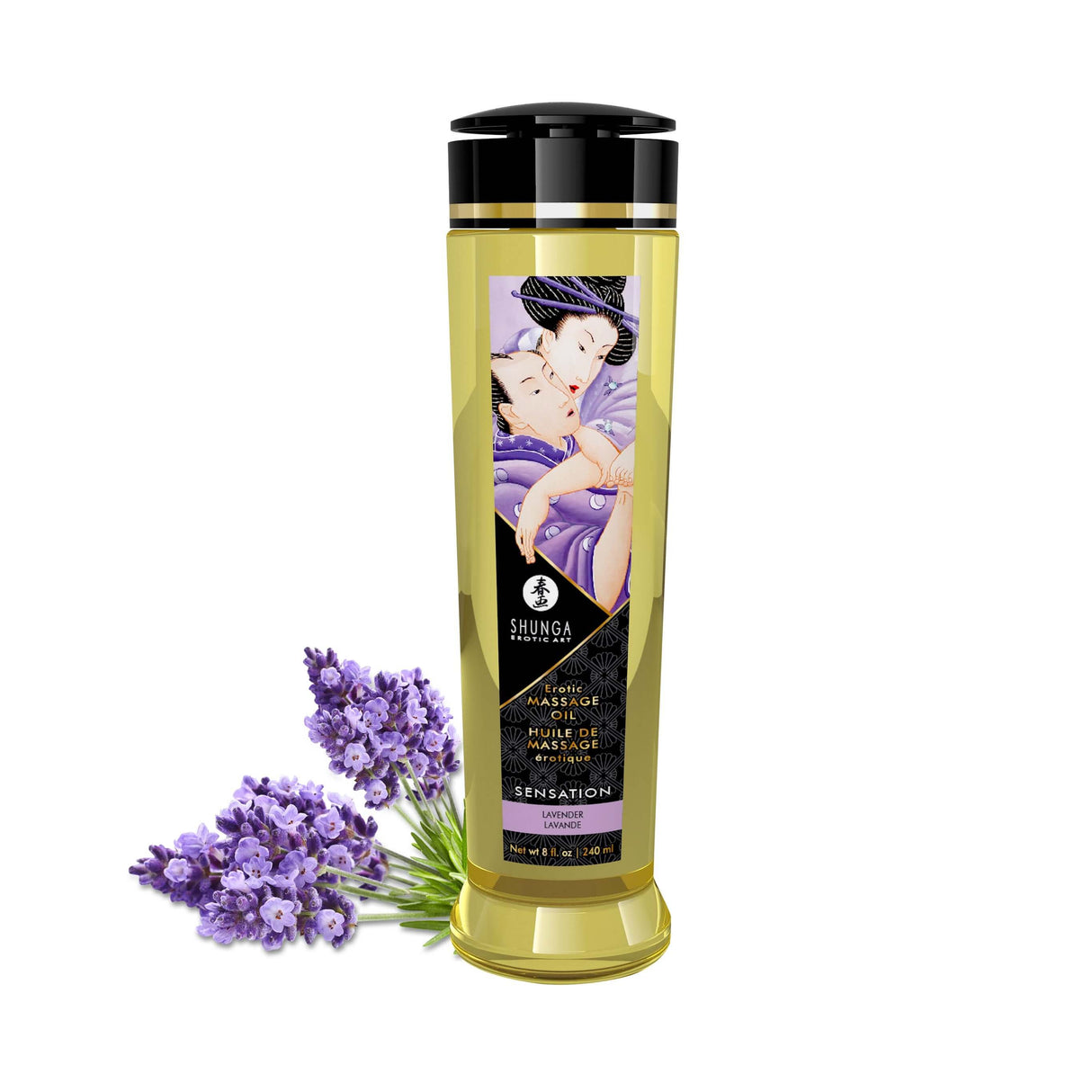 Shunga Massage Oils Sensation Lavender 8 Oz bottle with lavender flowers, perfect for sensual massages and relaxation.