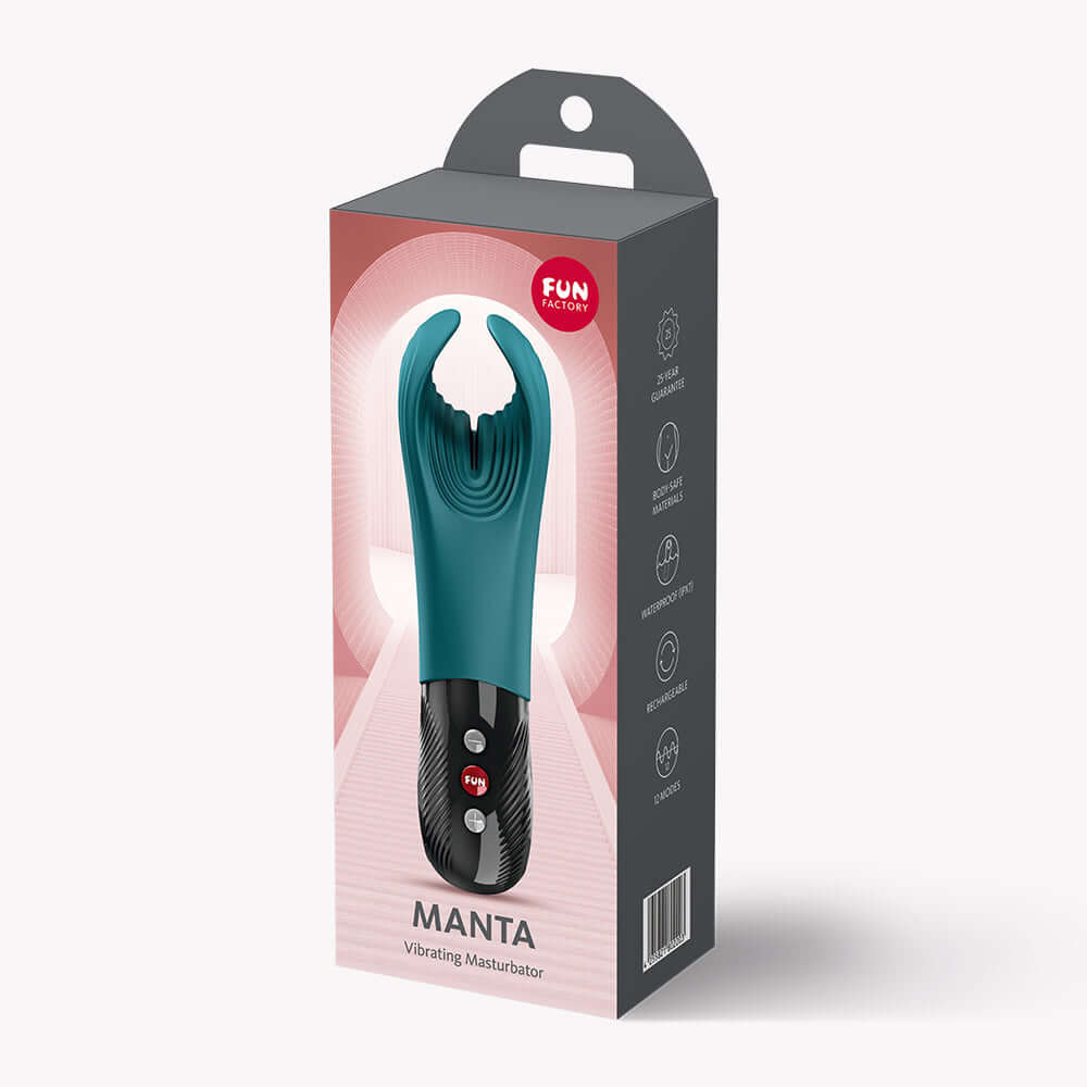 Fun Factory Manta Vibrating Masturbator Bottle Green in packaging showcasing design and features.
