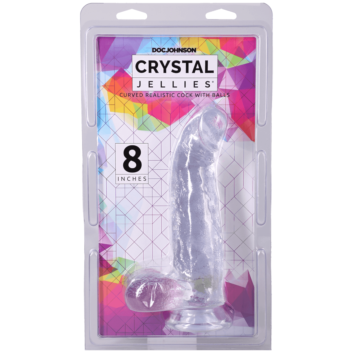Crystal Jellies Curved Realistic Cock With Balls 8 Inch Clear in packaging with vibrant background.