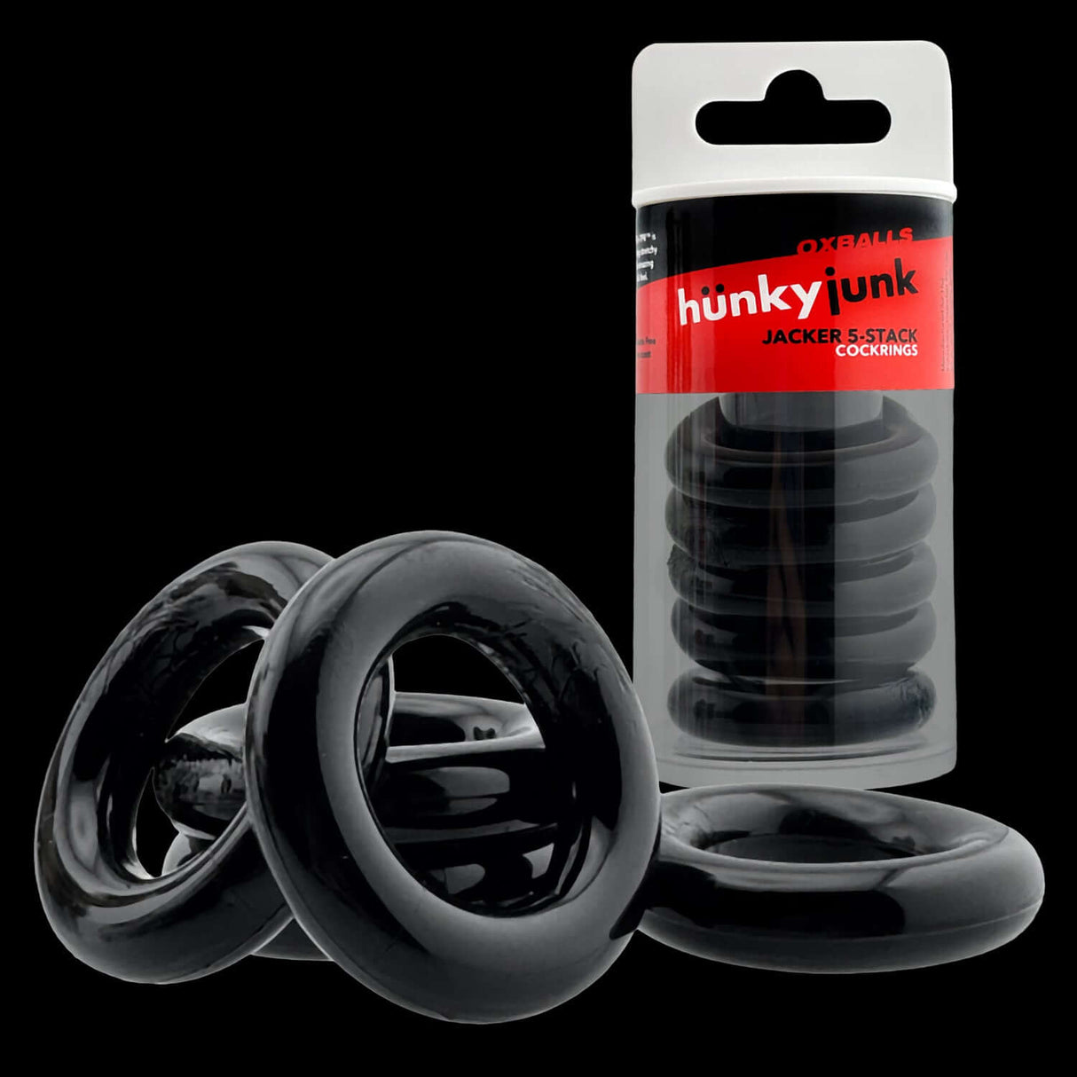 Oxballs Jacker 5-Stack Five-Pack Tube Super-Strong Cockrings Black displayed with packaging and cockrings.