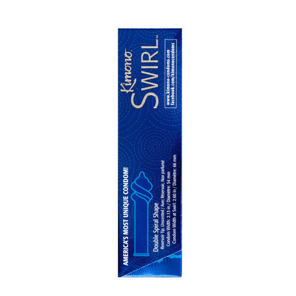 Kimono Swirl 12 Pack Ultra Thin Latex Condoms packaging showcasing double spiral shape for enhanced stimulation.