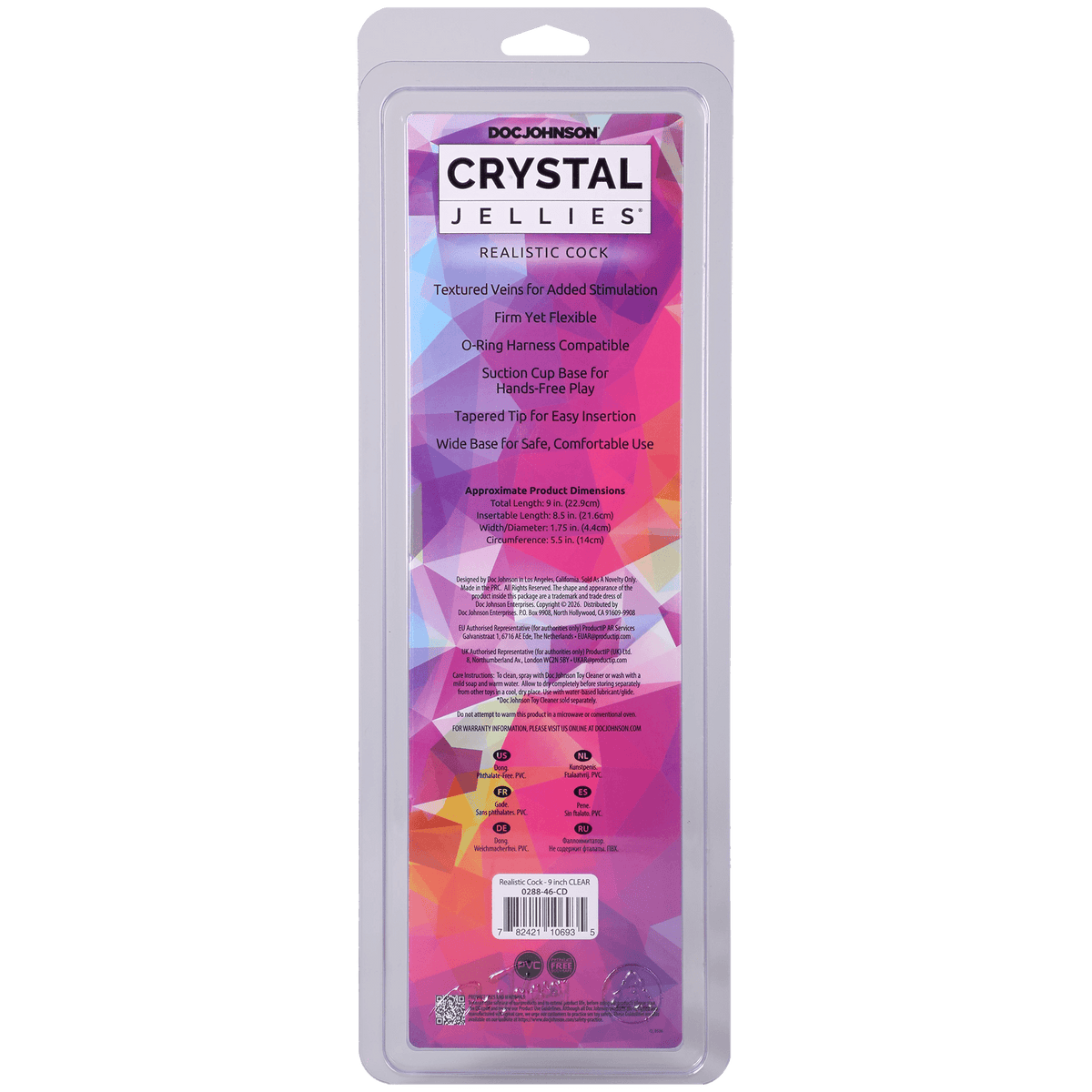 Crystal Jellies Realistic Cock 9 Inch Clear product packaging with colorful design and product details.