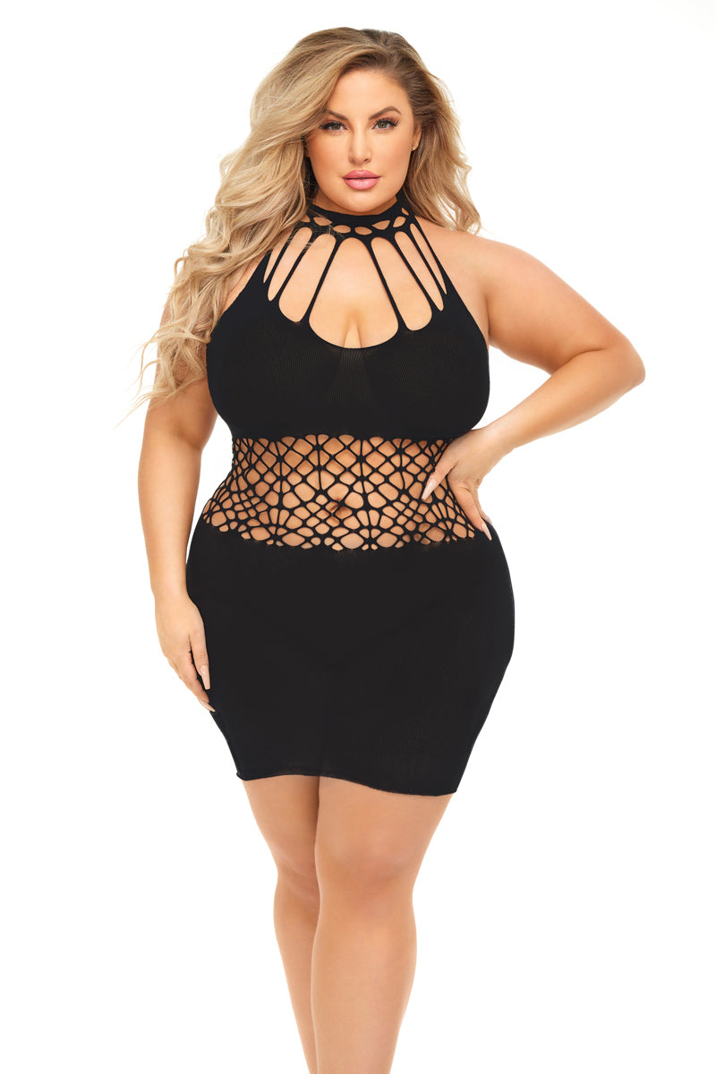 Pink Lipstick Rich B Phase Mini Dress Queen Size Black showcasing a geometric netting design on a curvy model.