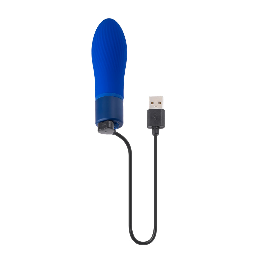 Selopa Cobalt Cutie Rechargeable Bullet Blue with USB charging cable for intense vibrations.