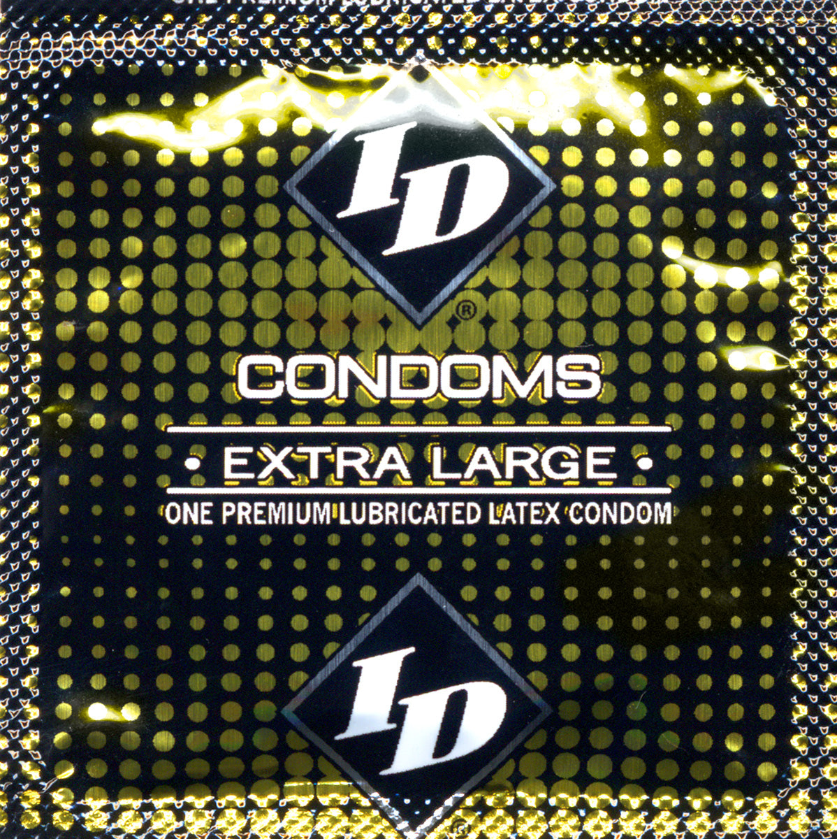 ID Condoms Extra Large 144 Count Bulk Bag - Extra-large premium lubricated latex condom packaging.
