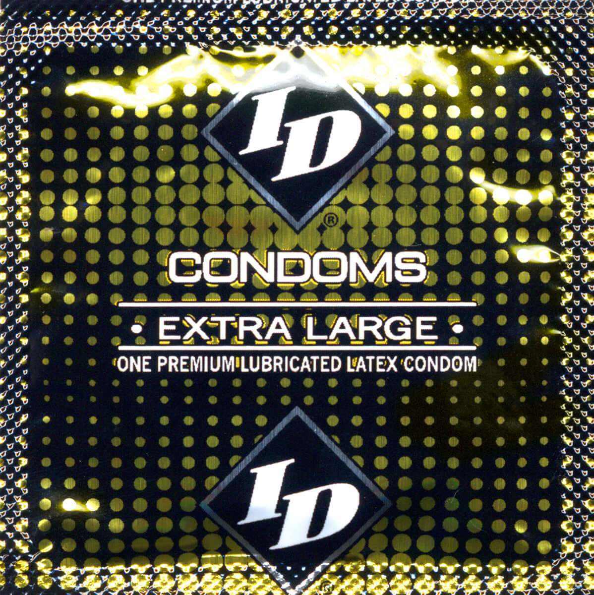 ID Condoms Extra Large 144 Count Bulk Bag - Extra-large premium lubricated latex condom packaging.