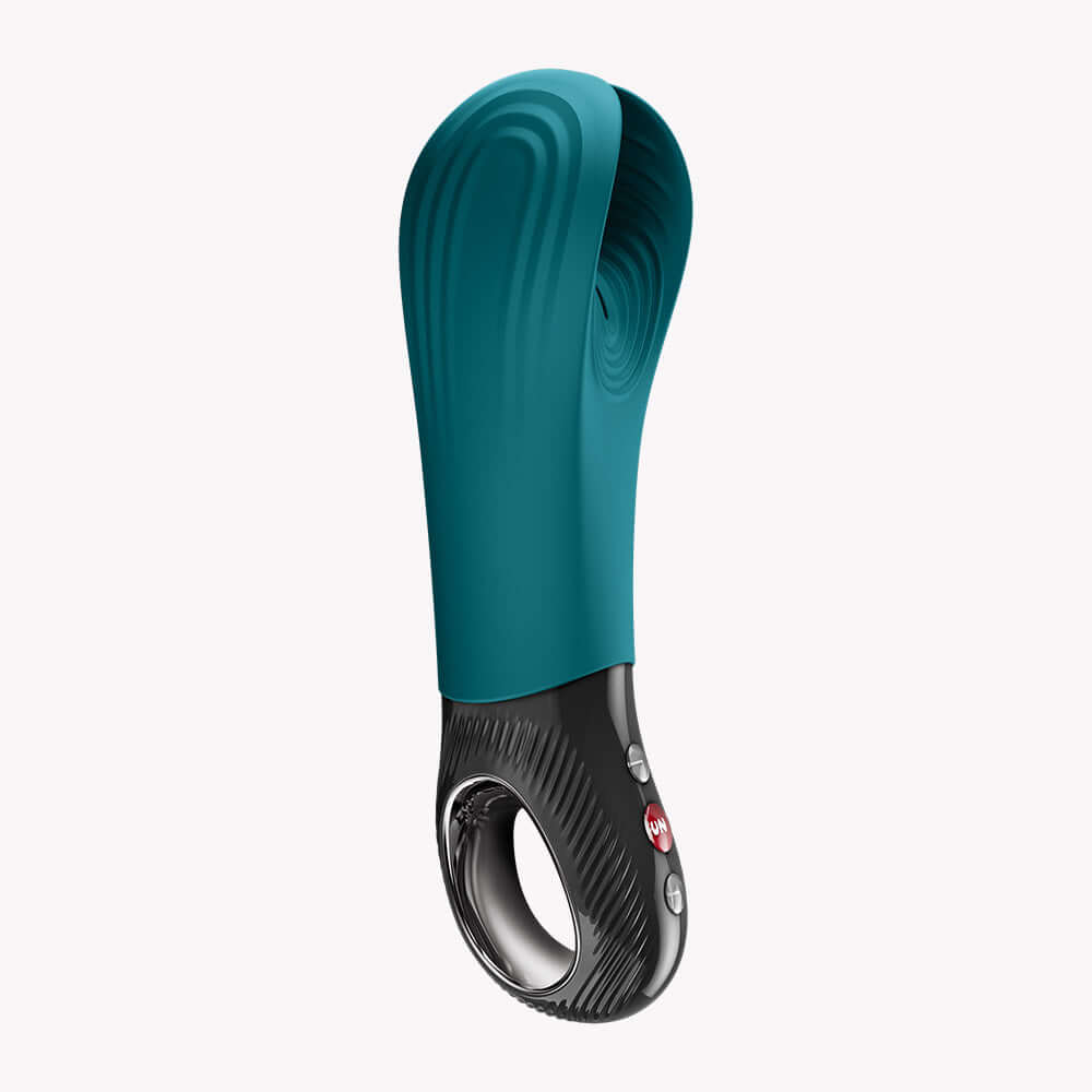 Fun Factory Manta Vibrating Masturbator Bottle Green in a sleek bottle green color with flexible wings for comfort.