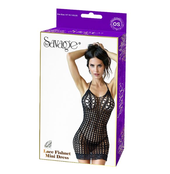 Savage Lingerie Lace Fishnet Mini Dress Black packaging featuring a fitted fishnet design and elegant lace trim.
