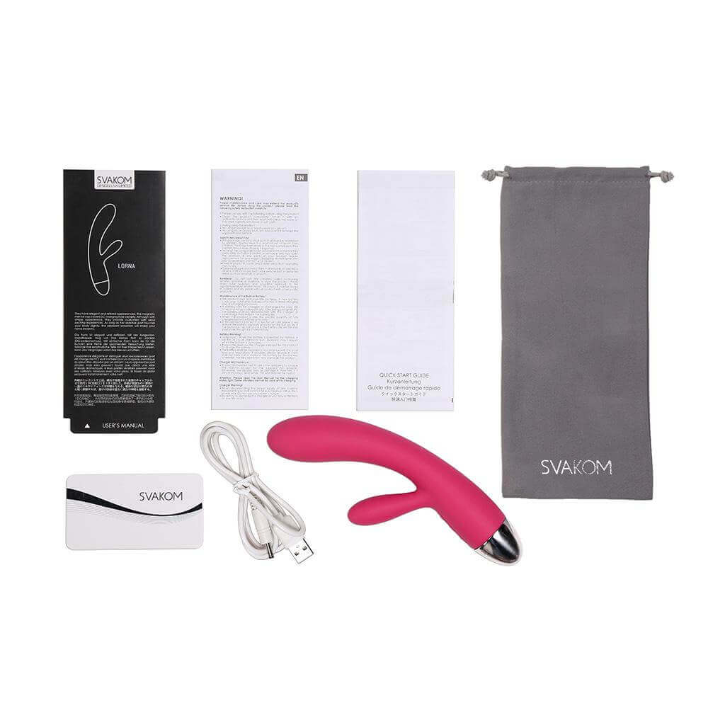 SVAKOM Lorna rechargeable touch rabbit vibe with accessories, manual, charging cable, and storage pouch in wine red.