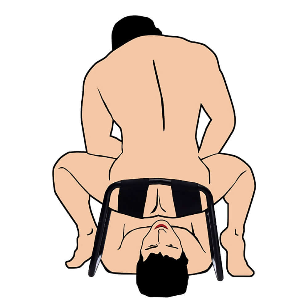 Illustration of two naked individuals using a sexual position with a stool for enhanced pleasure.