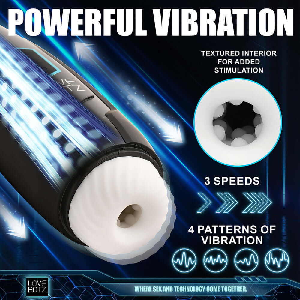 LoveBotz Milker Max featuring powerful vibrations, textured interior, 3 speeds, and 4 vibration patterns.