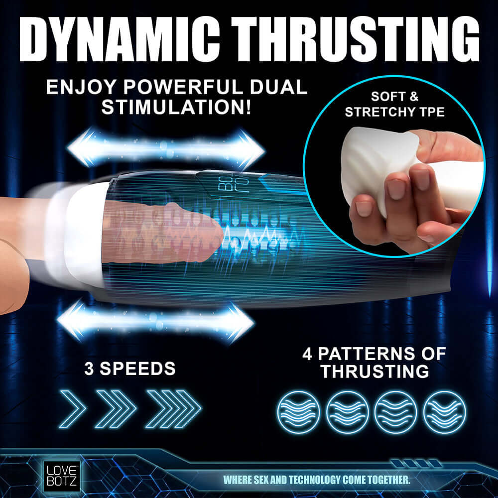 Dynamic thrusting masturbator with adjustable speeds and soft TPE, offering powerful dual stimulation.