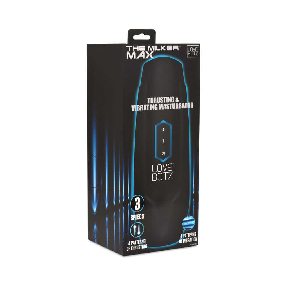 LoveBotz The Milker Max packaging highlighting thrusting and vibrating features, with 3 speeds and 4 patterns of stimulation.