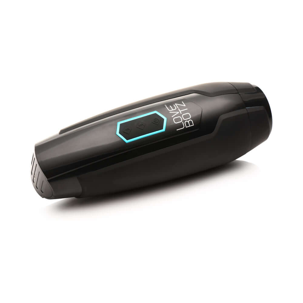 LoveBotz Milker Max thrusting and vibrating masturbator in sleek black design, perfect for intense sensations.