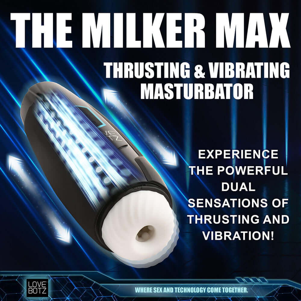 The Milker Max thrusting and vibrating masturbator showcasing its soft sleeve and dual sensation features.