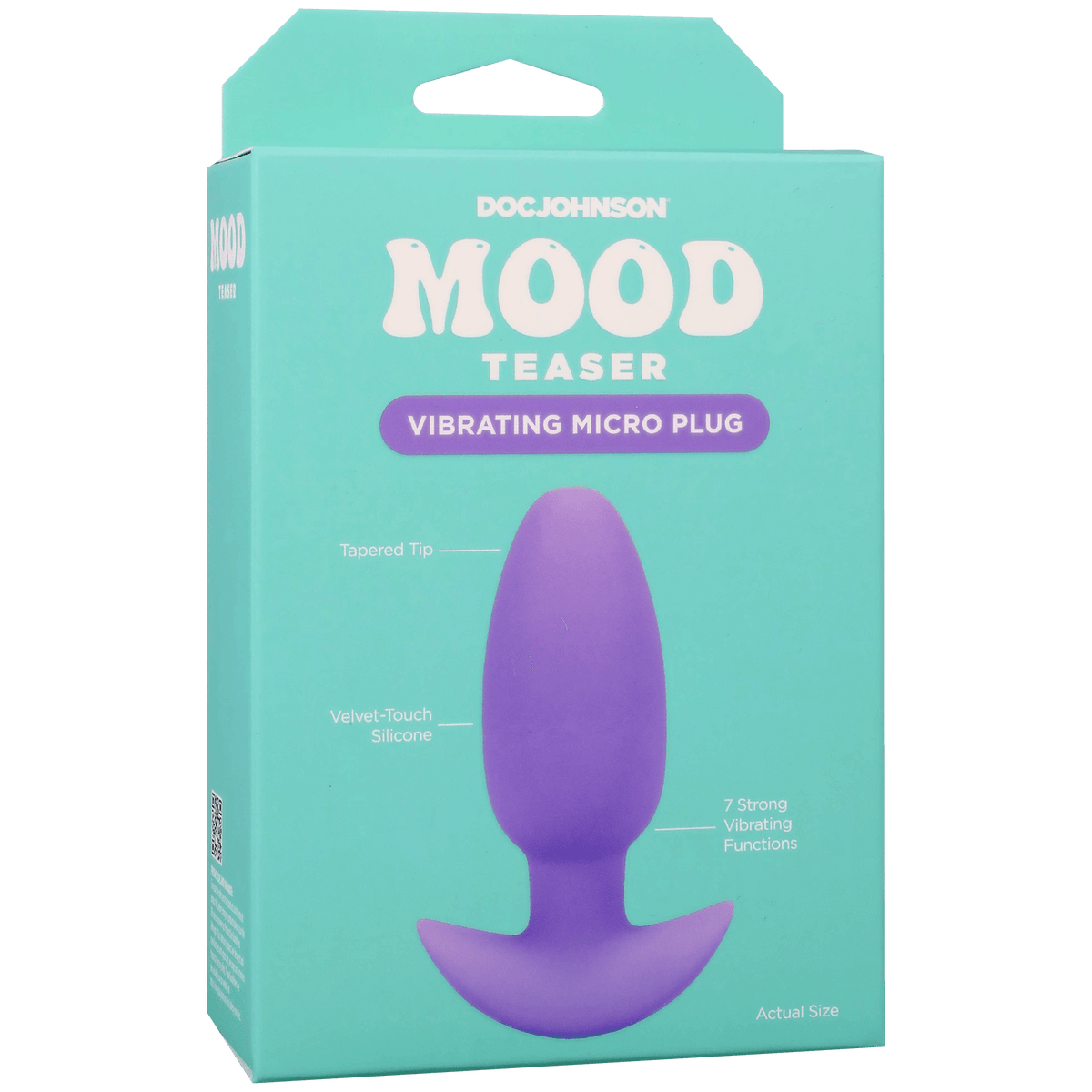 Mood Teaser Vibrating Micro Plug Lavender packaging featuring tapered tip and velvet-touch silicone.