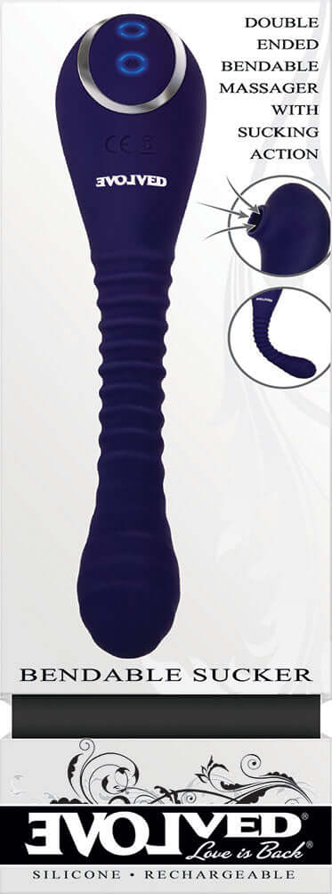 Bendable Sucker Dual End Silicone Vibrator Purple showcasing double-ended massager with suction action.